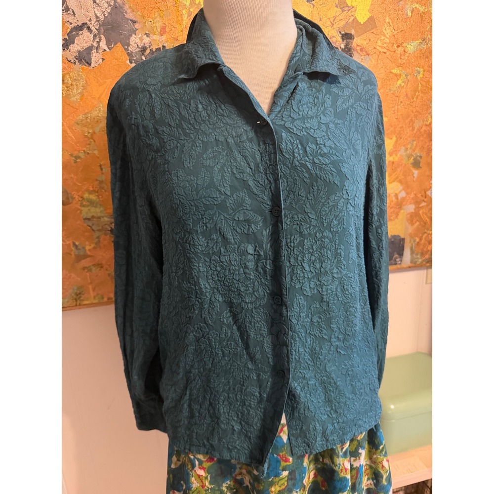 Vintage Douglass 100% Silk Teal Green Floral Jacquard Button Down Blouse Large